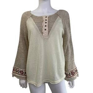 Umgee USA Henley Boho Blouse Size S Embroidered Bell Long Sleeve Knit Cream Tan